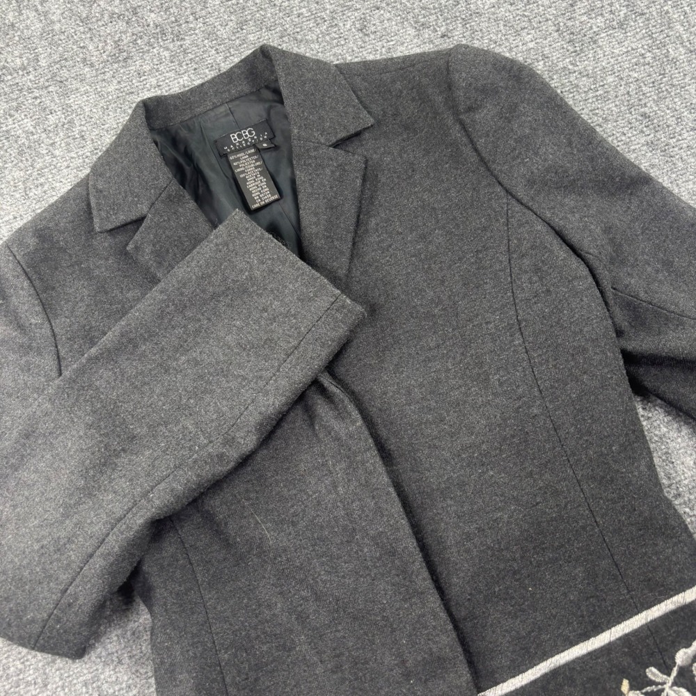 BCBG Blazer 6 Gray‎ Wool Blend Floral Embroidered Hem Jacket Womens
